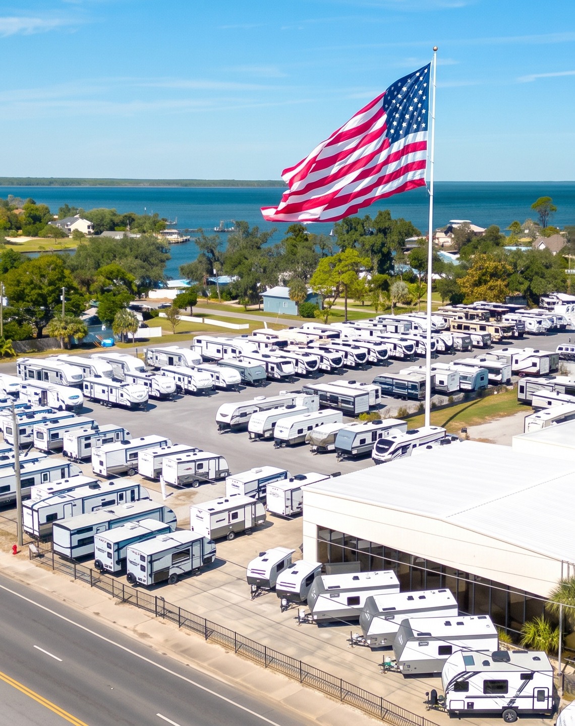 Aerial view of RV inventory with a large American flag